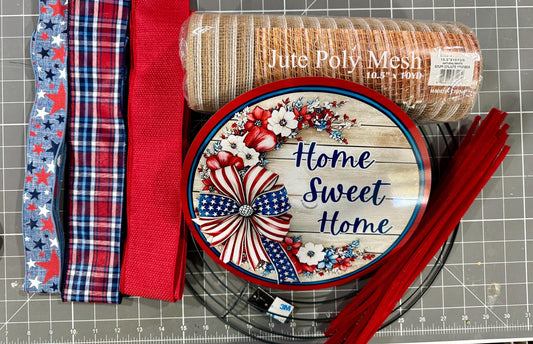 Patriotic Highland Cow Welcome Wreath Kit, mesh diy wreath kit, 4th of July sign & ribbon kit, Craft supplies to make your own wreath