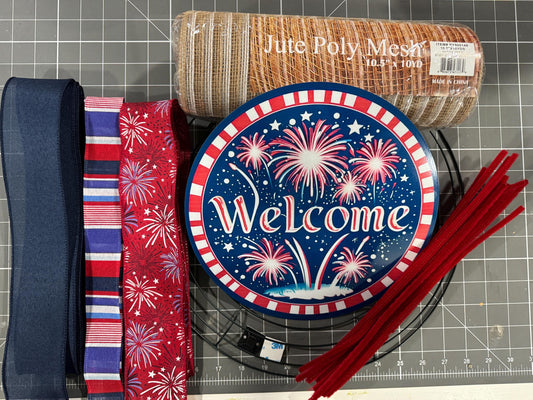Patriotic Floral Welcome Wreath Kit, mesh diy wreath kit, 4th of July sign & ribbon kit, Craft supplies to make your own wreath