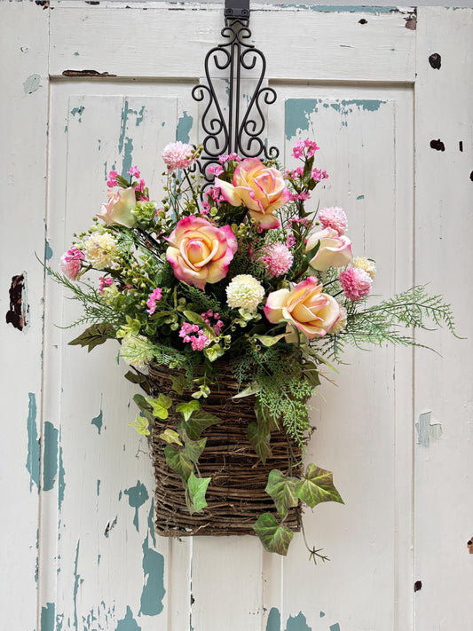 Pink Rose Floral Door Basket, Summer Wreath Alternative, Cottagecore Front Door Decor, Hanging Basket with Faux Roses with Ivy
