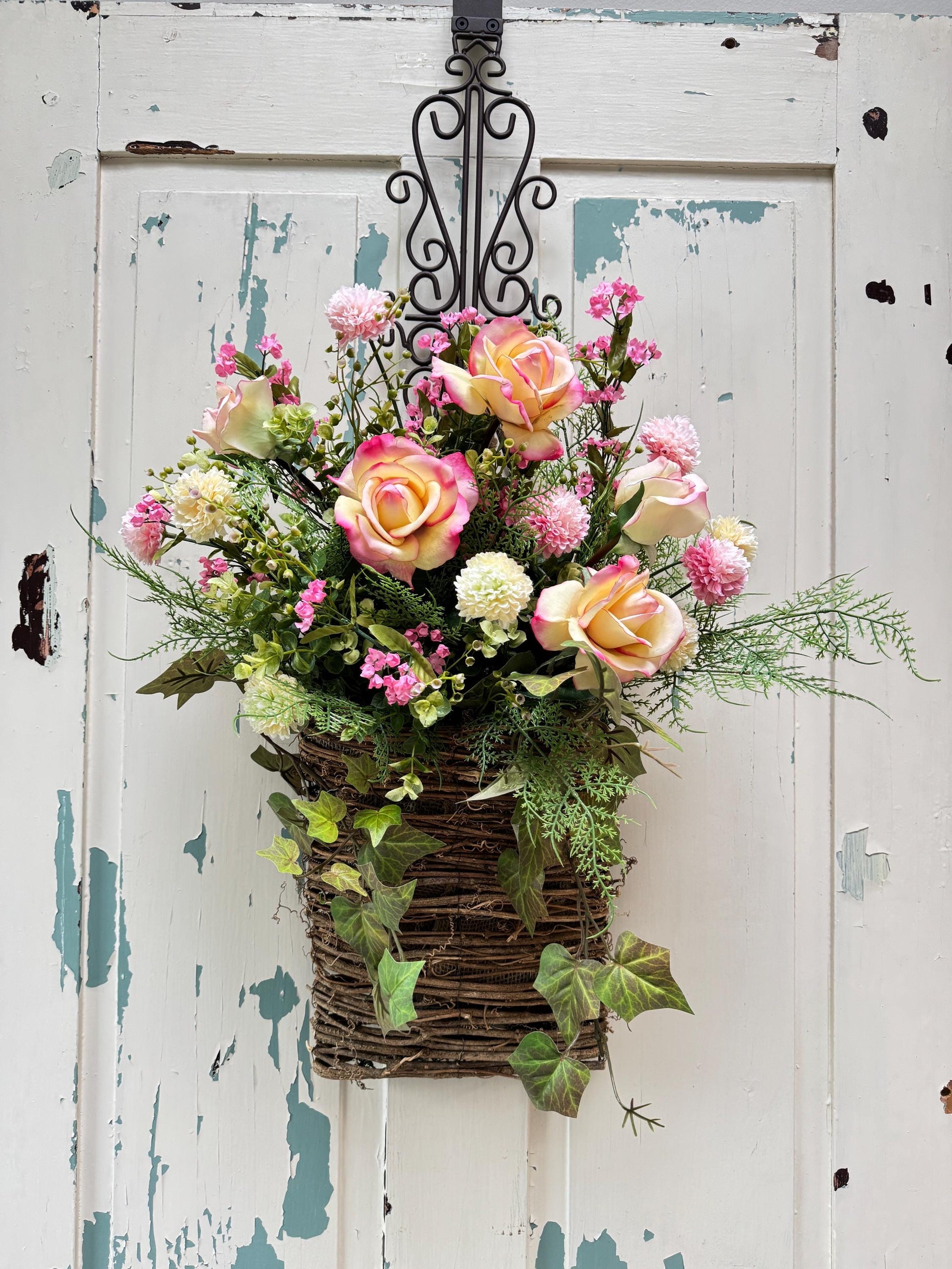 Pink Rose Floral Door Basket