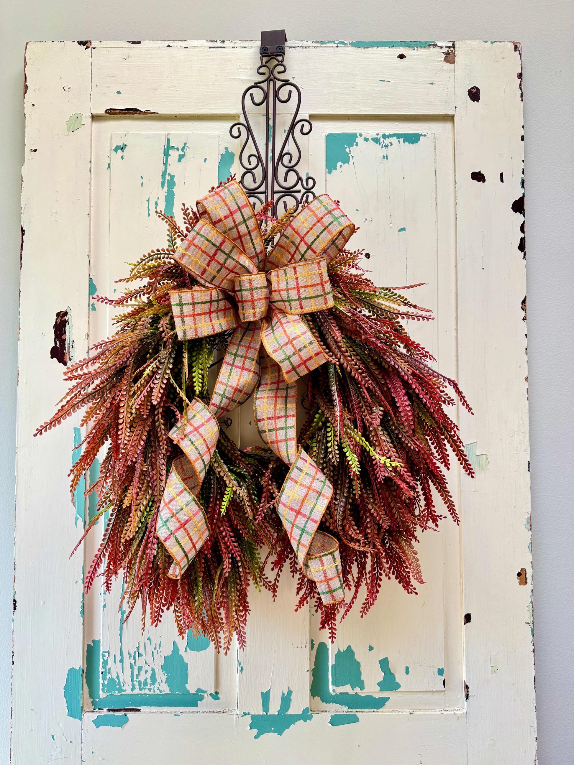 Fall Beaded Grass Fern Wreath with Plaid Bow, Autumn Front Door Decor, Farmhouse Fall Fern Wreath, Thanksgiving Wreath, Rustic Harvest Decor