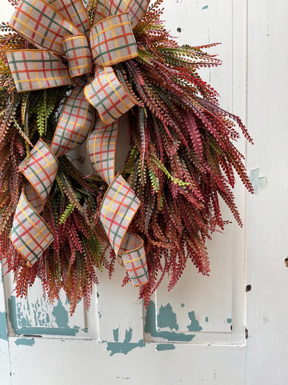 Fall Beaded Grass Fern Wreath with Plaid Bow, Autumn Front Door Decor, Farmhouse Fall Fern Wreath, Thanksgiving Wreath, Rustic Harvest Decor