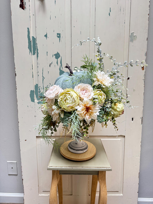 Rustic Pumpkin Floral Arrangement, Neutral Fall Centerpiece with Blue Pumpkin and Cream Flowers, Farmhouse Table Decor, Autumn Wedding