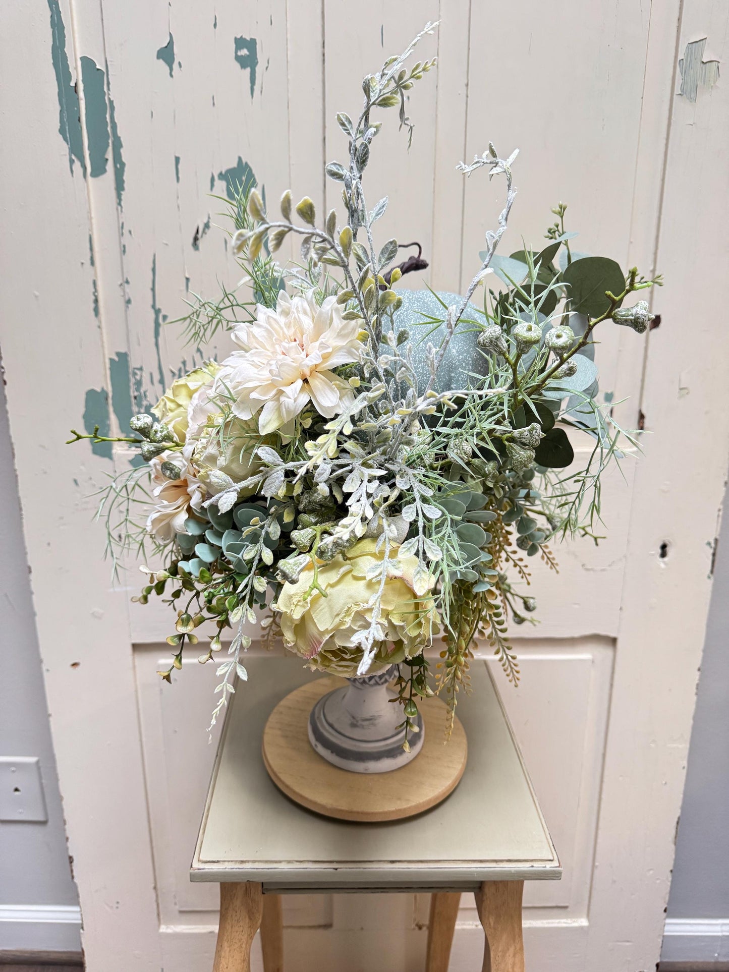 Rustic Pumpkin Floral Arrangement, Neutral Fall Centerpiece with Blue Pumpkin and Cream Flowers, Farmhouse Table Decor, Autumn Wedding