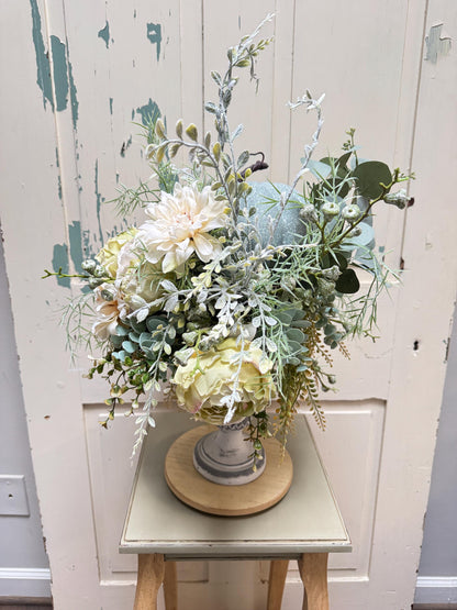 Rustic Pumpkin Floral Arrangement, Neutral Fall Centerpiece with Blue Pumpkin and Cream Flowers, Farmhouse Table Decor, Autumn Wedding