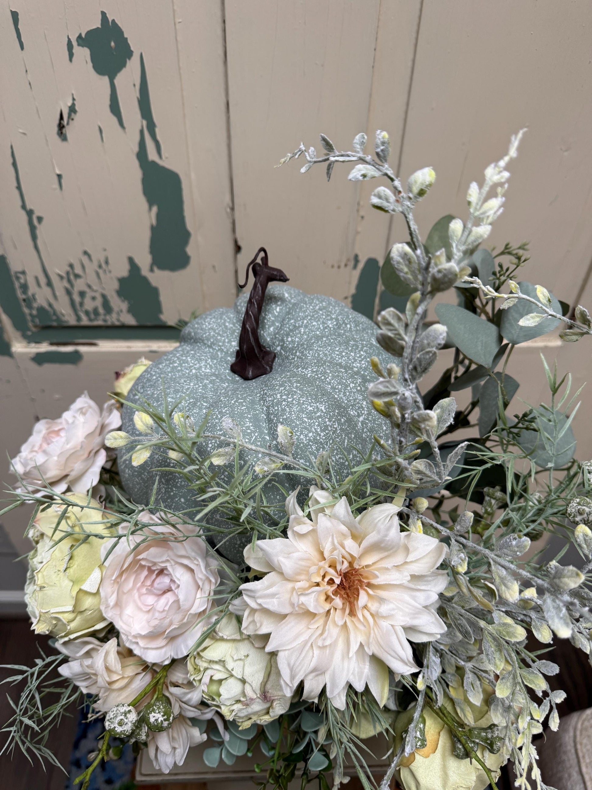 Rustic Pumpkin Floral Arrangement, Neutral Fall Centerpiece with Blue Pumpkin and Cream Flowers, Farmhouse Table Decor, Autumn Wedding