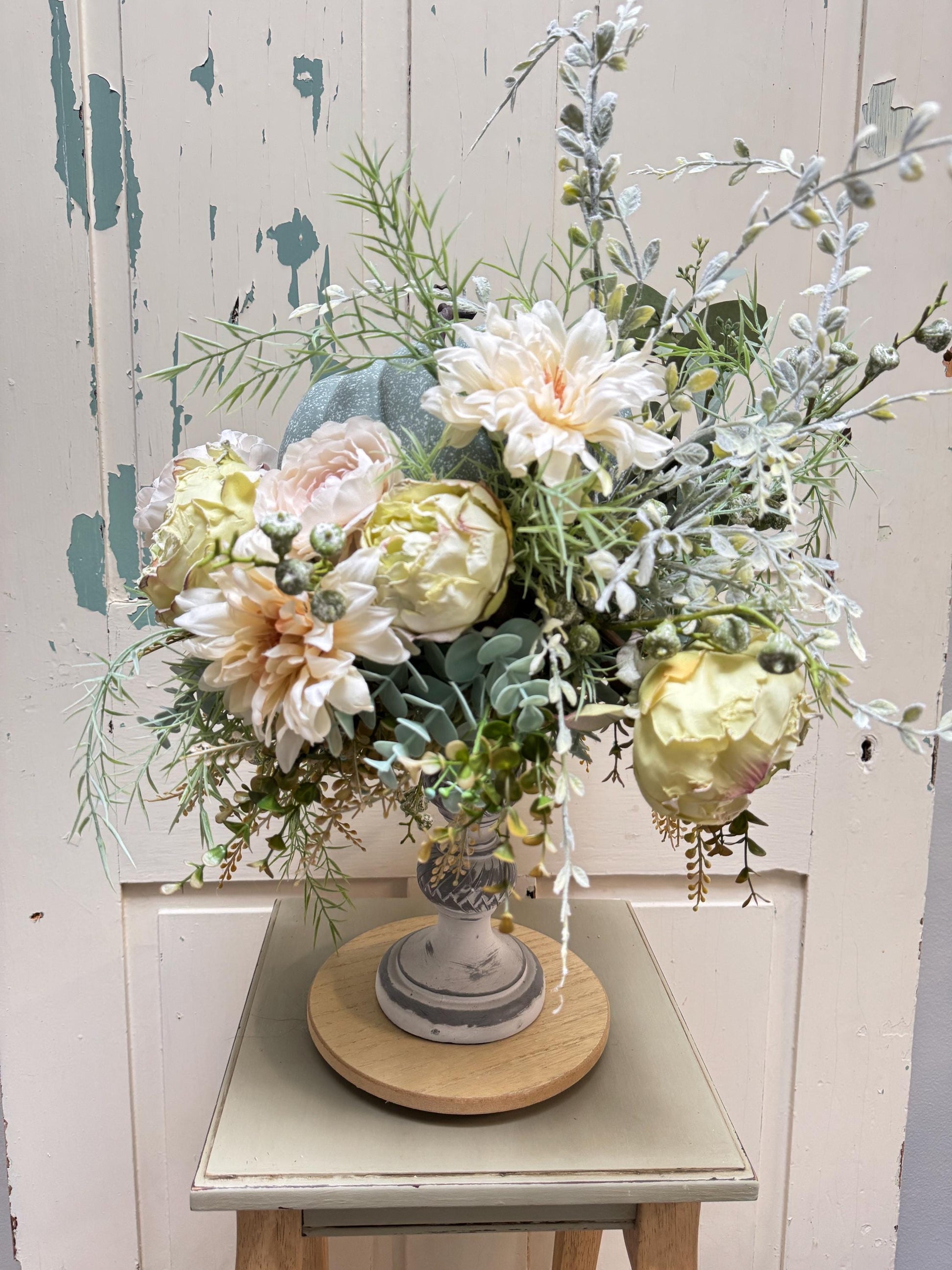 Rustic Pumpkin Floral Arrangement, Neutral Fall Centerpiece with Blue Pumpkin and Cream Flowers, Farmhouse Table Decor, Autumn Wedding