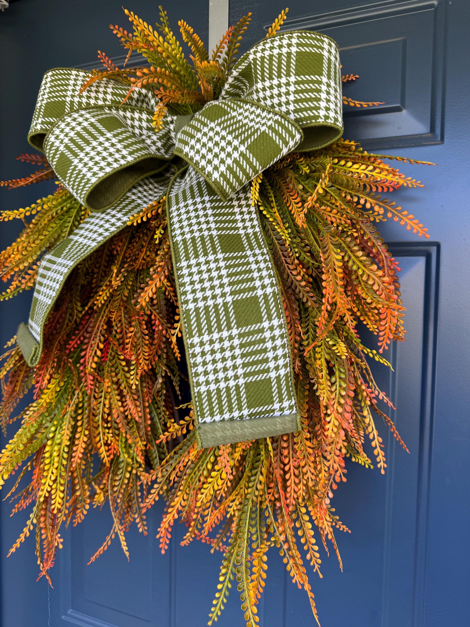 Fall Beaded Grass Fern Wreath with Plaid Bow