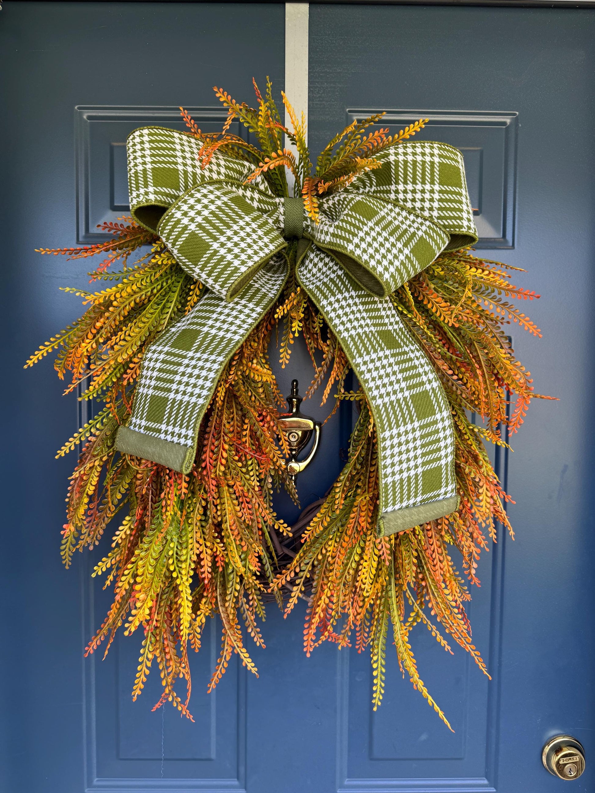 Fall Beaded Grass Fern Wreath with Plaid Bow
