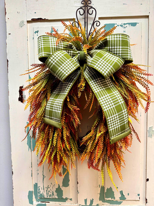 Fall Beaded Grass Fern Wreath with Plaid Bow