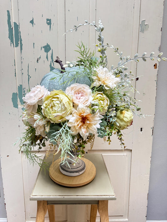 Rustic Pumpkin Floral Arrangement, Neutral Fall Centerpiece with Blue Pumpkin and Cream Flowers, Farmhouse Table Decor, Autumn Wedding