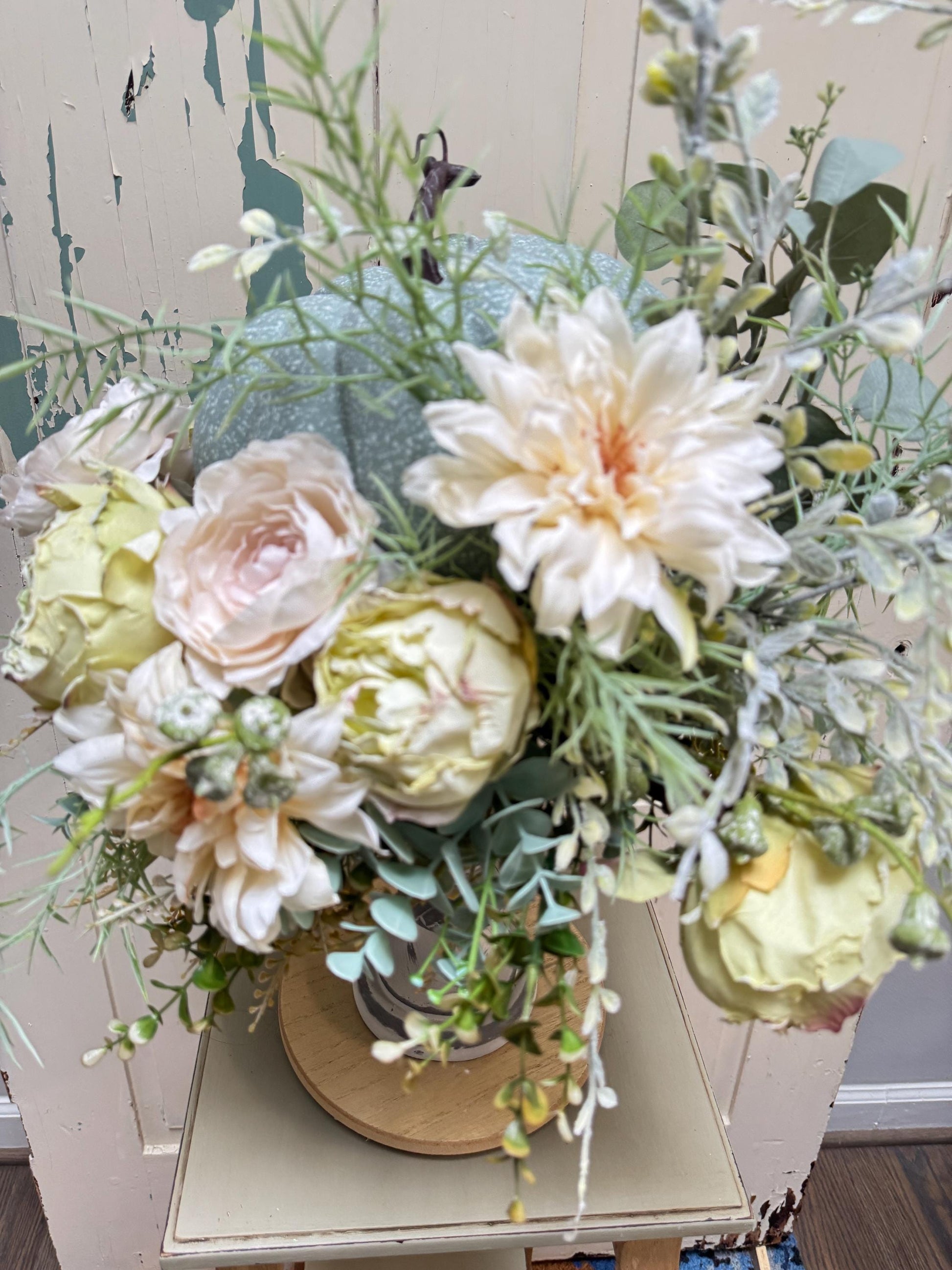 Rustic Pumpkin Floral Arrangement, Neutral Fall Centerpiece with Blue Pumpkin and Cream Flowers, Farmhouse Table Decor, Autumn Wedding