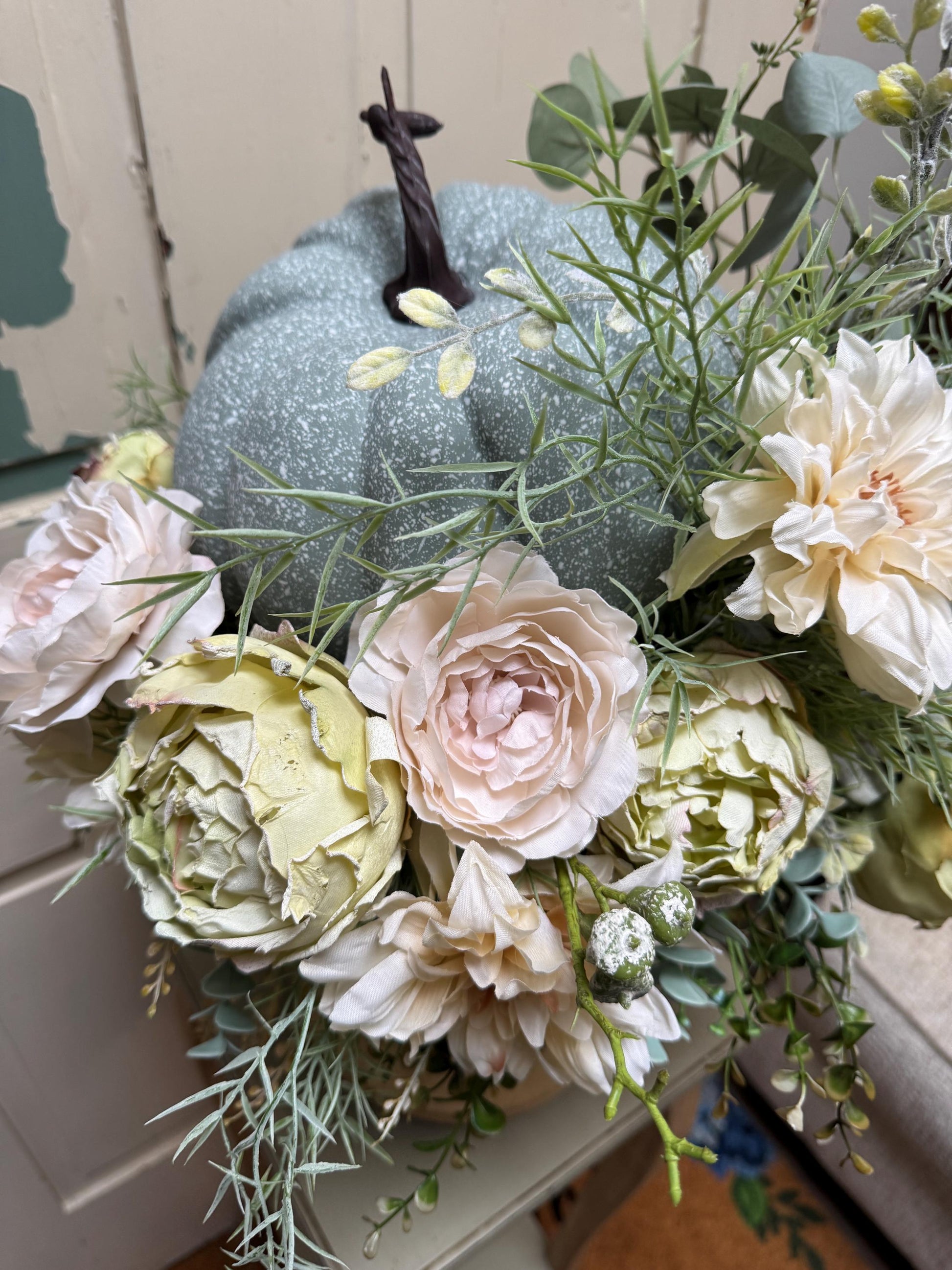 Rustic Pumpkin Floral Arrangement, Neutral Fall Centerpiece with Blue Pumpkin and Cream Flowers, Farmhouse Table Decor, Autumn Wedding