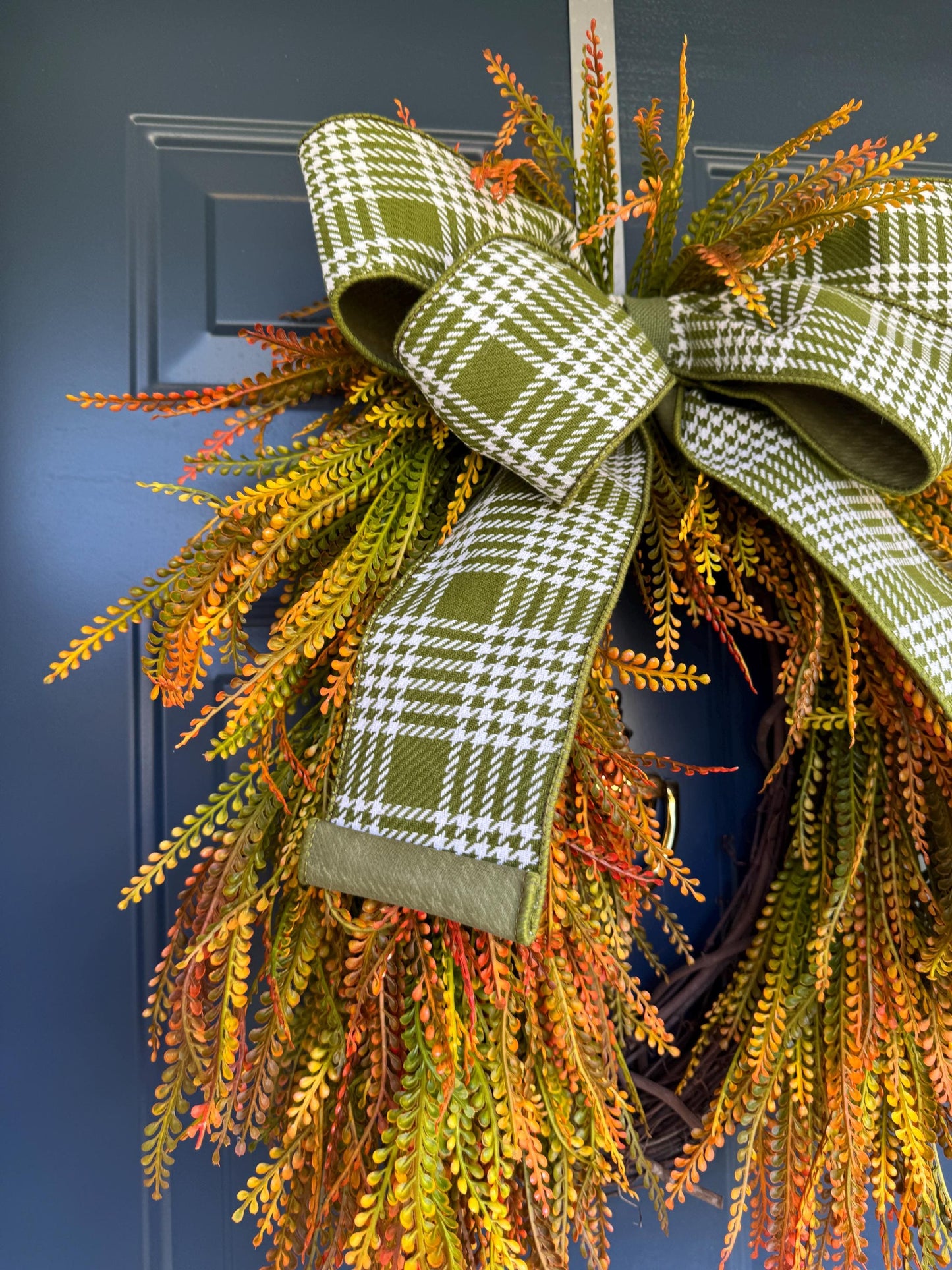 Fall Beaded Grass Fern Wreath with Plaid Bow