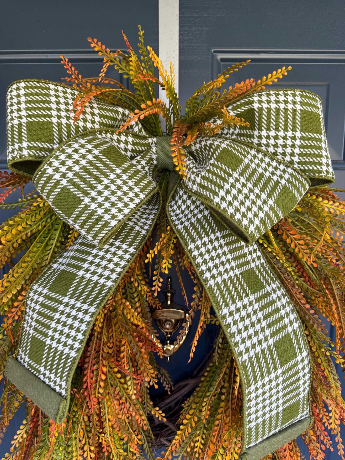 Fall Beaded Grass Fern Wreath with Plaid Bow