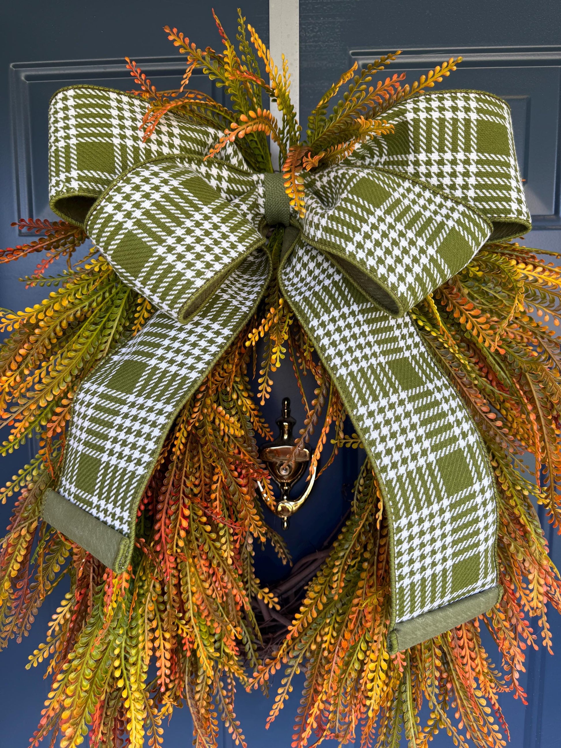 Fall Beaded Grass Fern Wreath with Plaid Bow