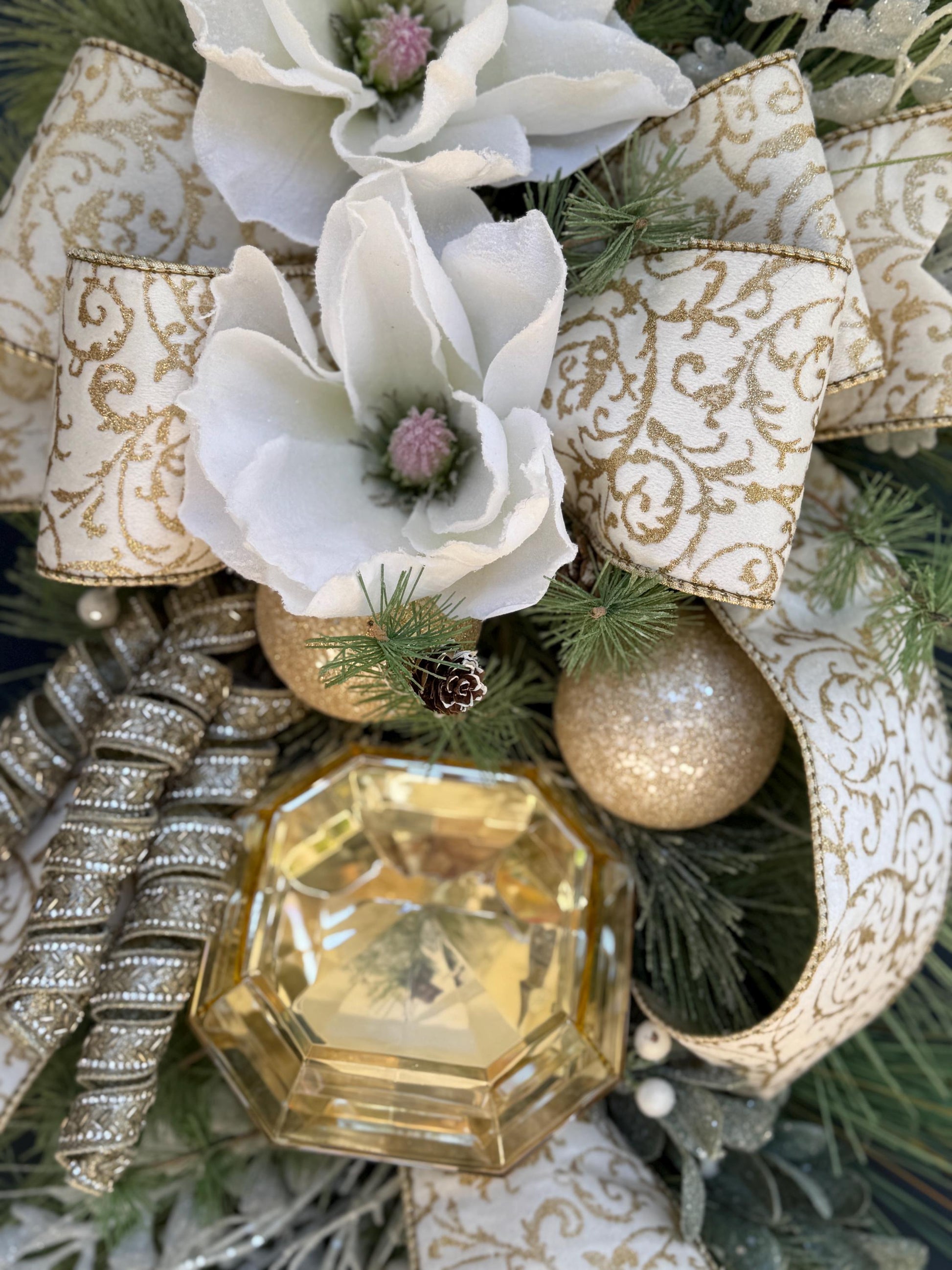 White and Gold Magnolia Christmas Luxe Swag for Front Door or Entryway