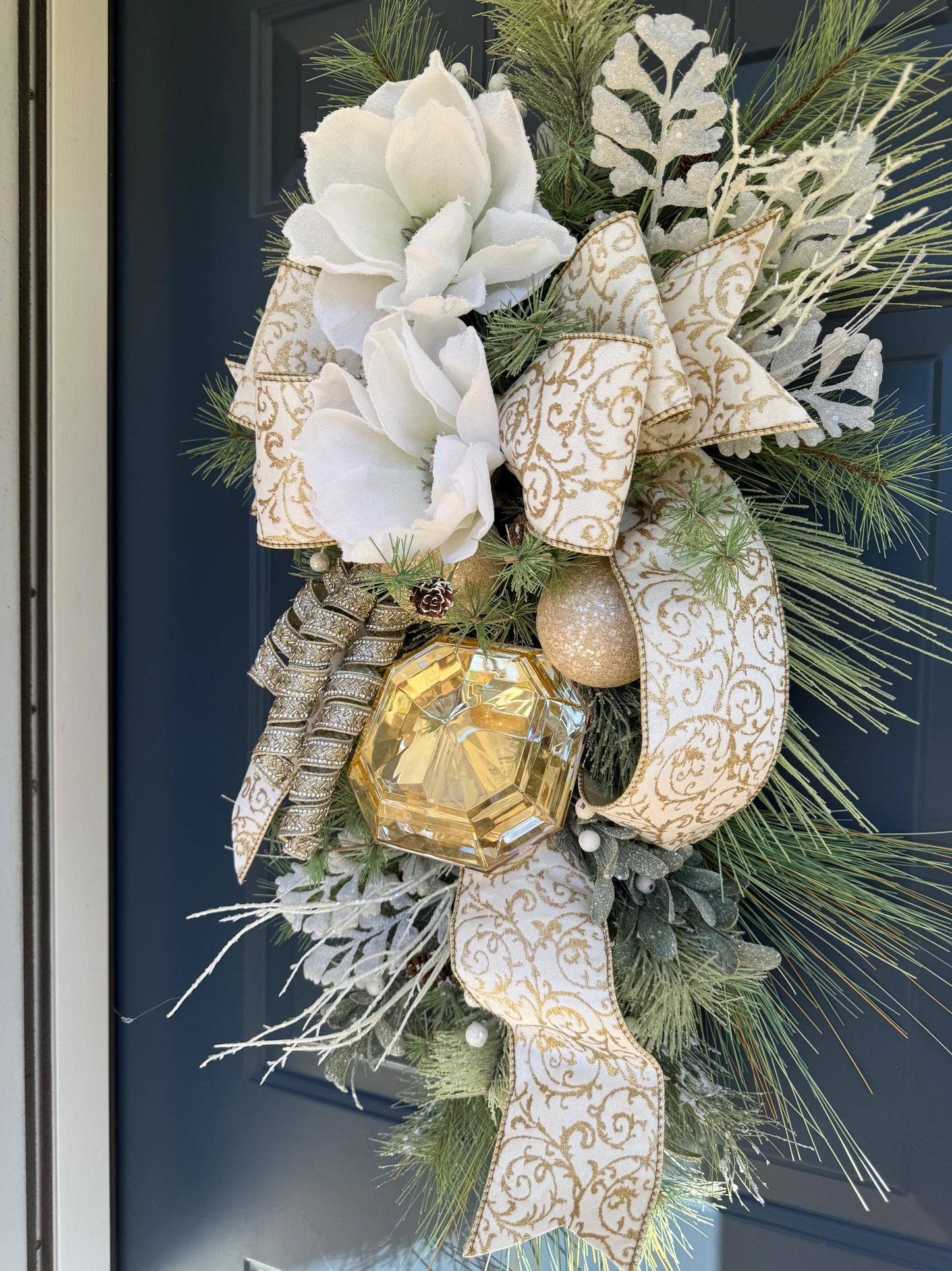 White and Gold Magnolia Christmas Luxe Swag for Front Door or Entryway