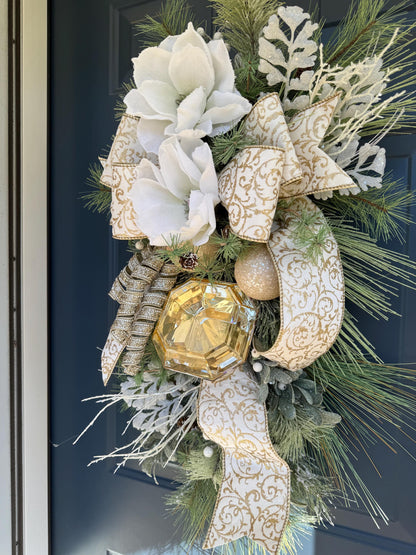 White and Gold Magnolia Christmas Luxe Swag for Front Door or Entryway