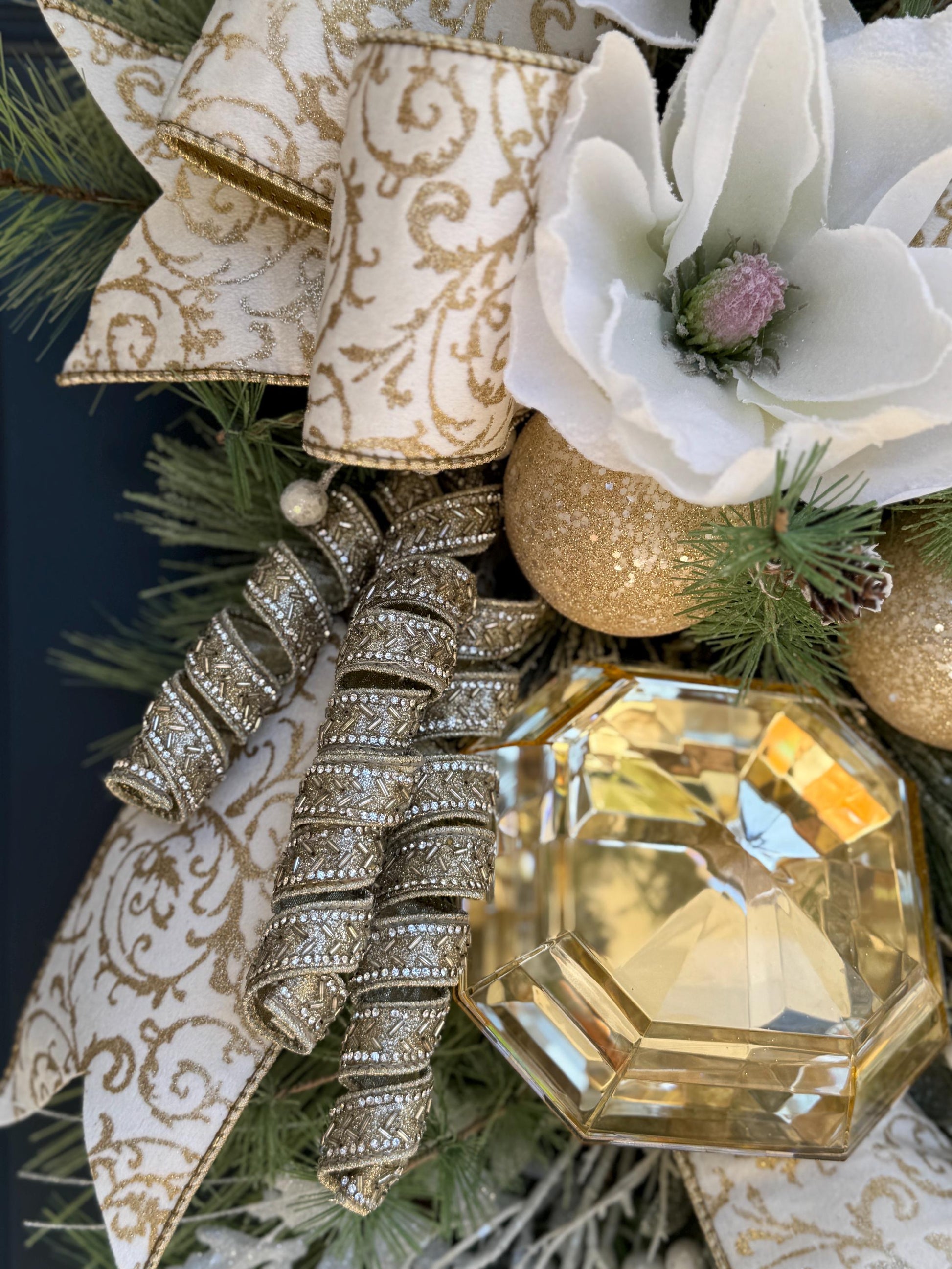 White and Gold Magnolia Christmas Luxe Swag for Front Door or Entryway