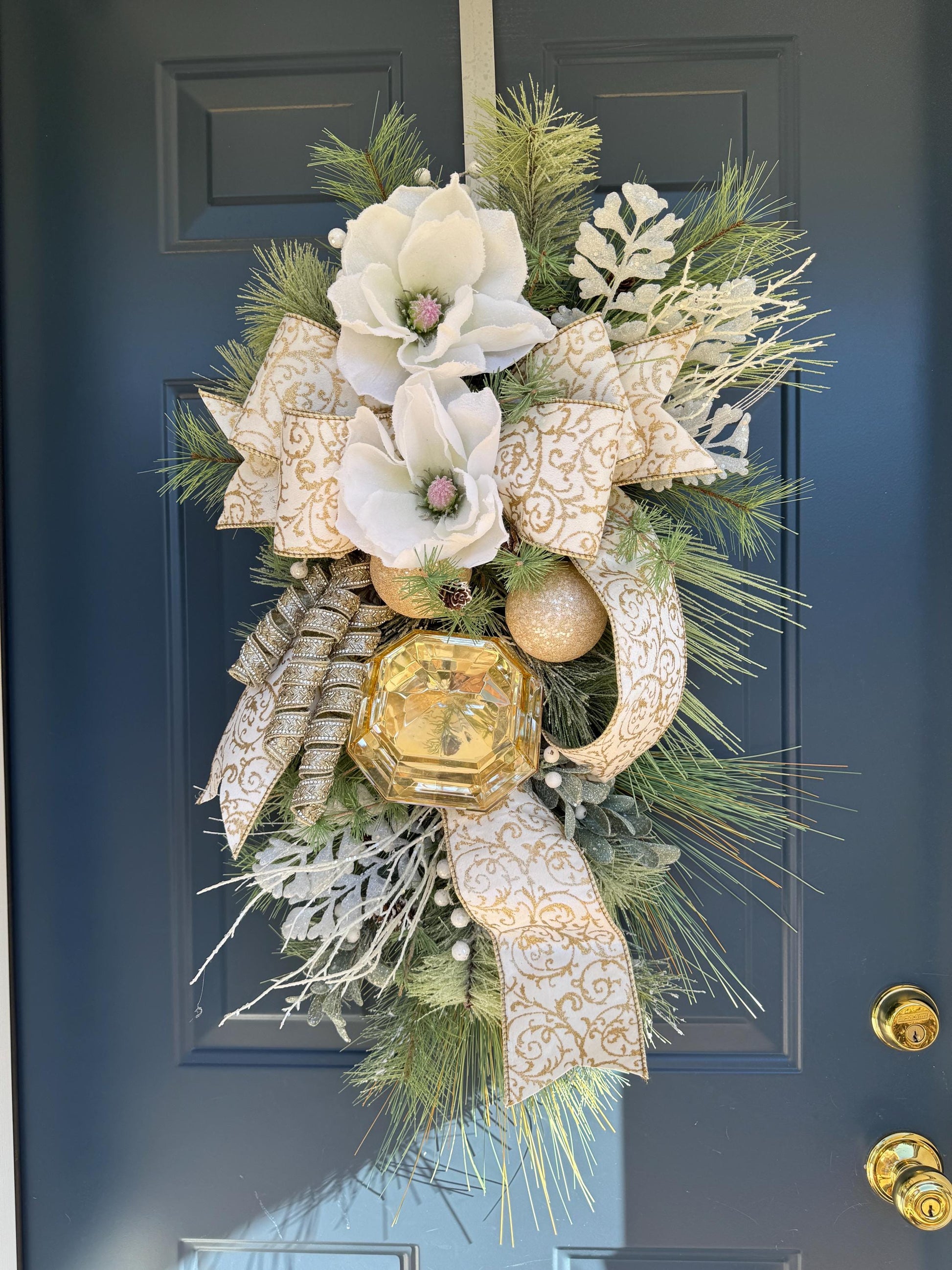 White and Gold Magnolia Christmas Luxe Swag for Front Door or Entryway