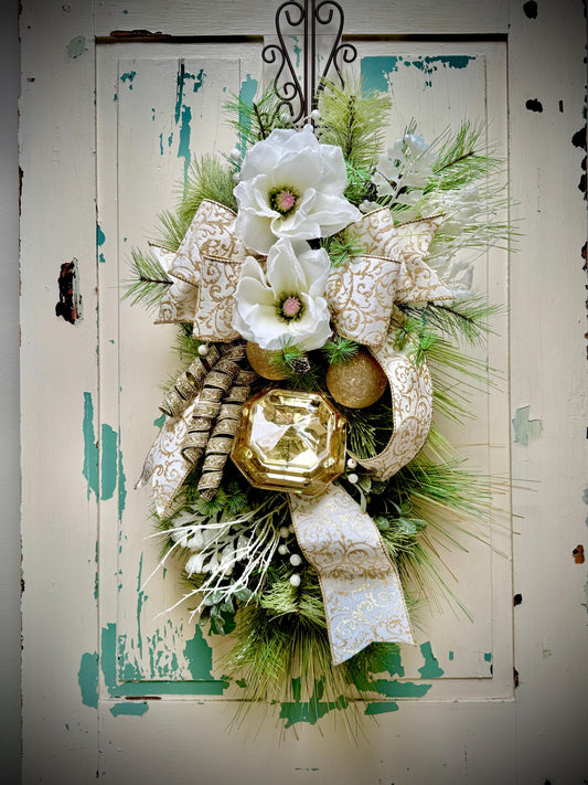 White and Gold Magnolia Christmas Luxe Swag for Front Door or Entryway