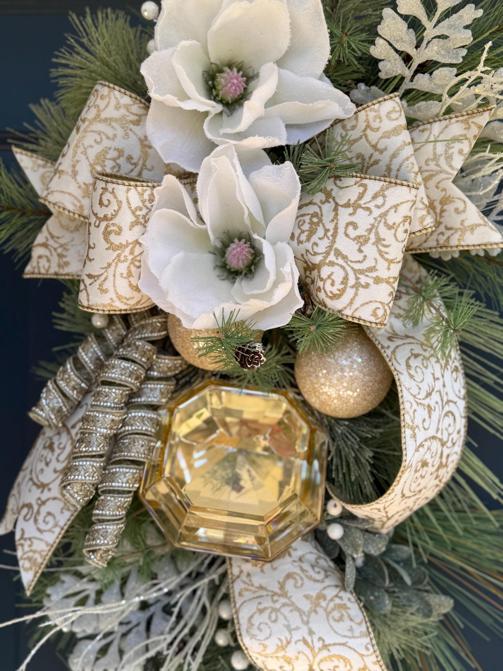 White and Gold Magnolia Christmas Luxe Swag for Front Door or Entryway