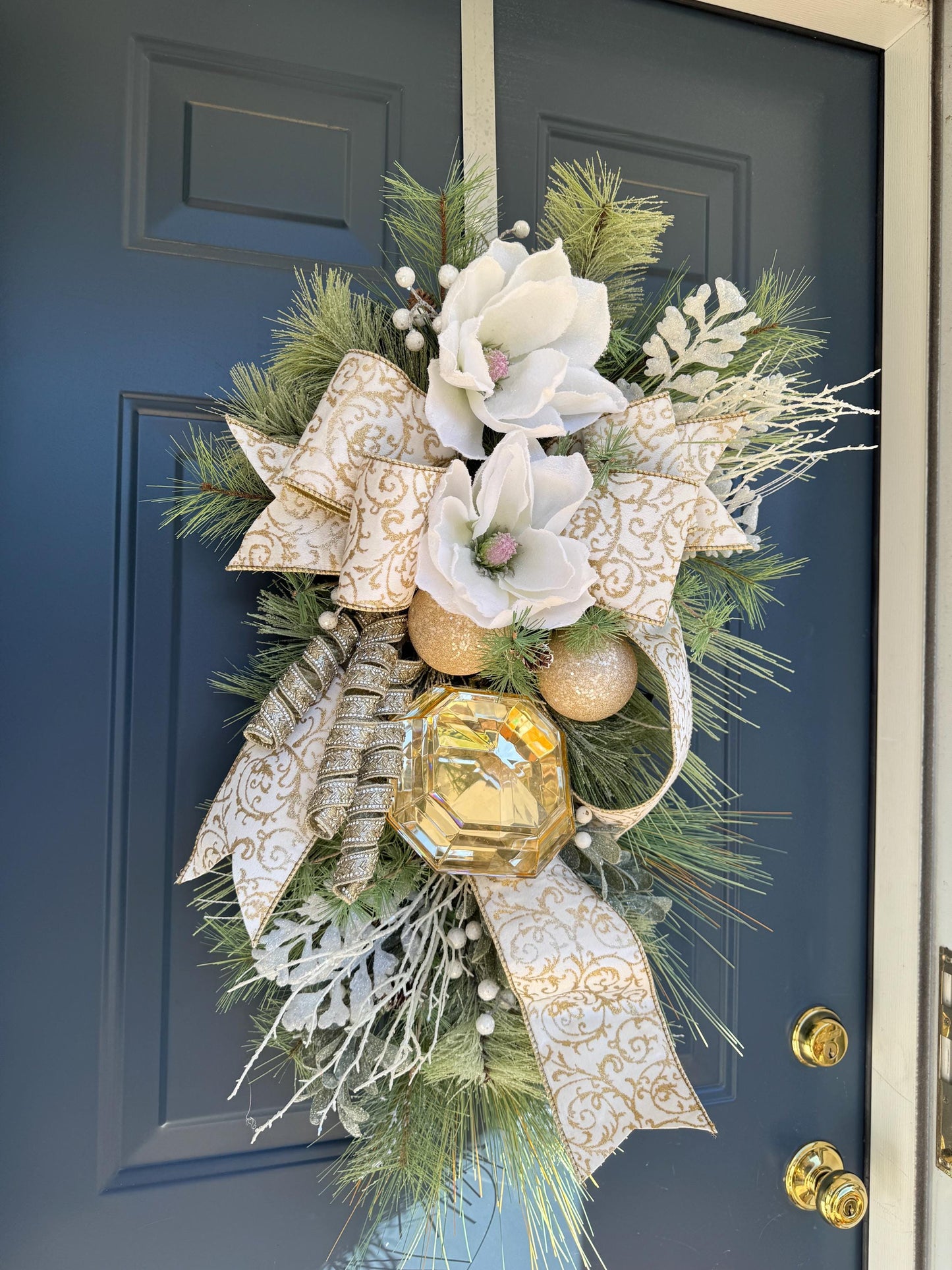 White and Gold Magnolia Christmas Luxe Swag for Front Door or Entryway