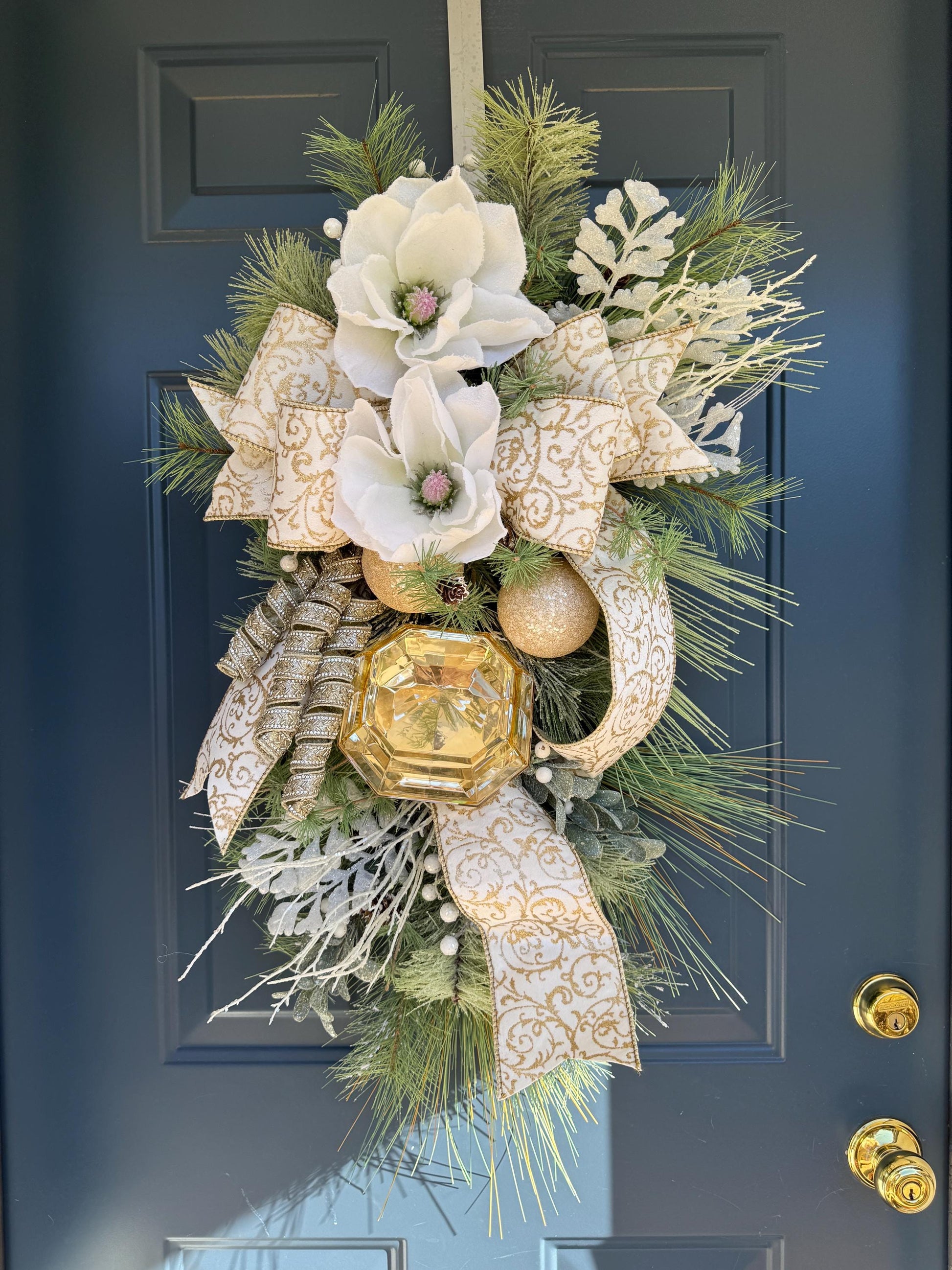 White and Gold Magnolia Christmas Luxe Swag for Front Door or Entryway