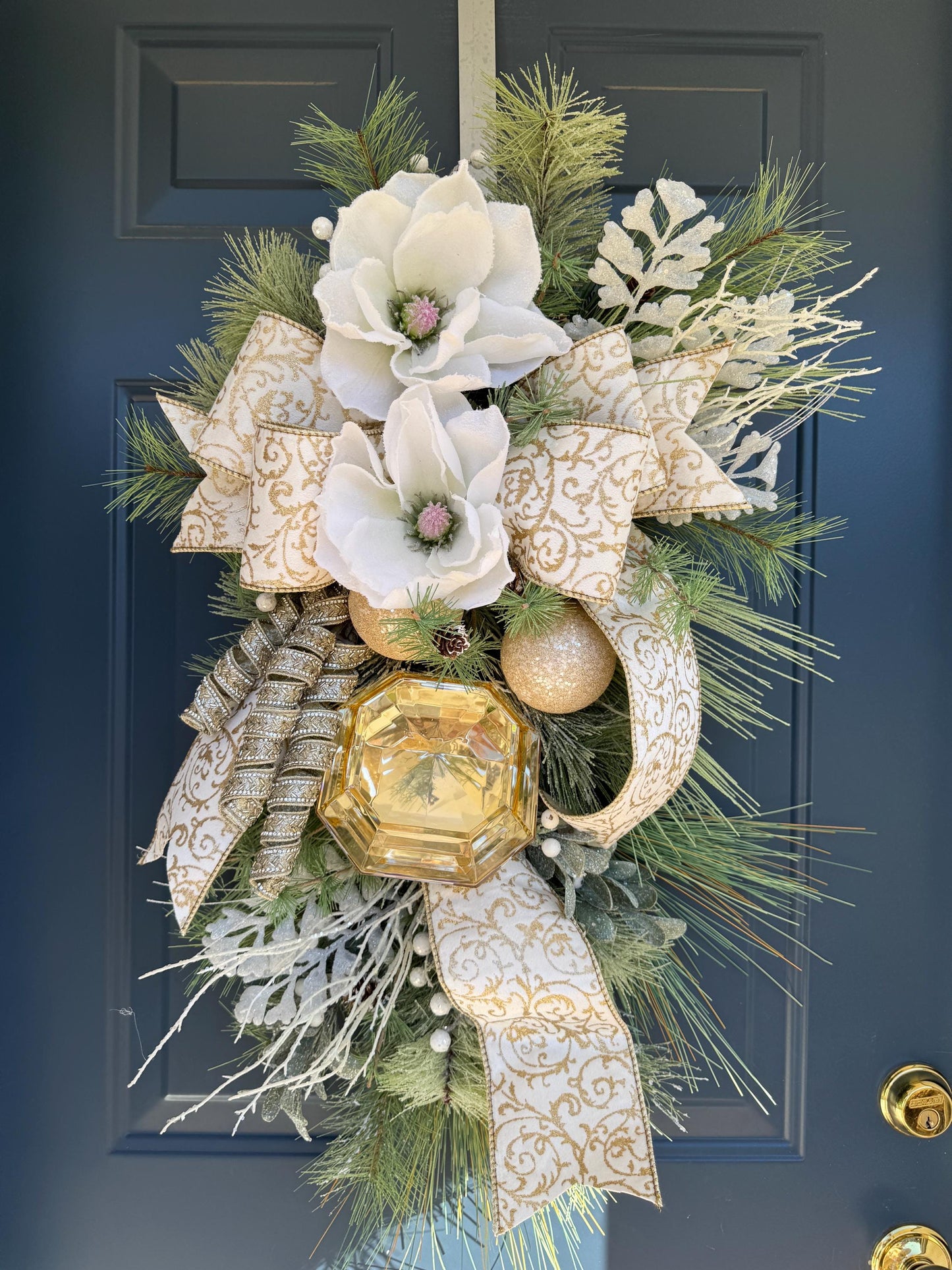 White and Gold Magnolia Christmas Luxe Swag for Front Door or Entryway