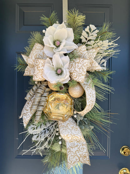 White and Gold Magnolia Christmas Luxe Swag for Front Door or Entryway