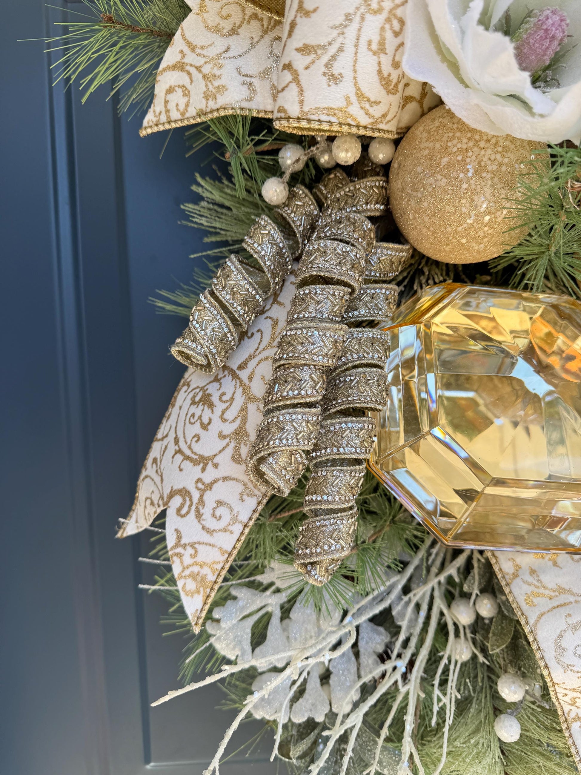 White and Gold Magnolia Christmas Luxe Swag for Front Door or Entryway