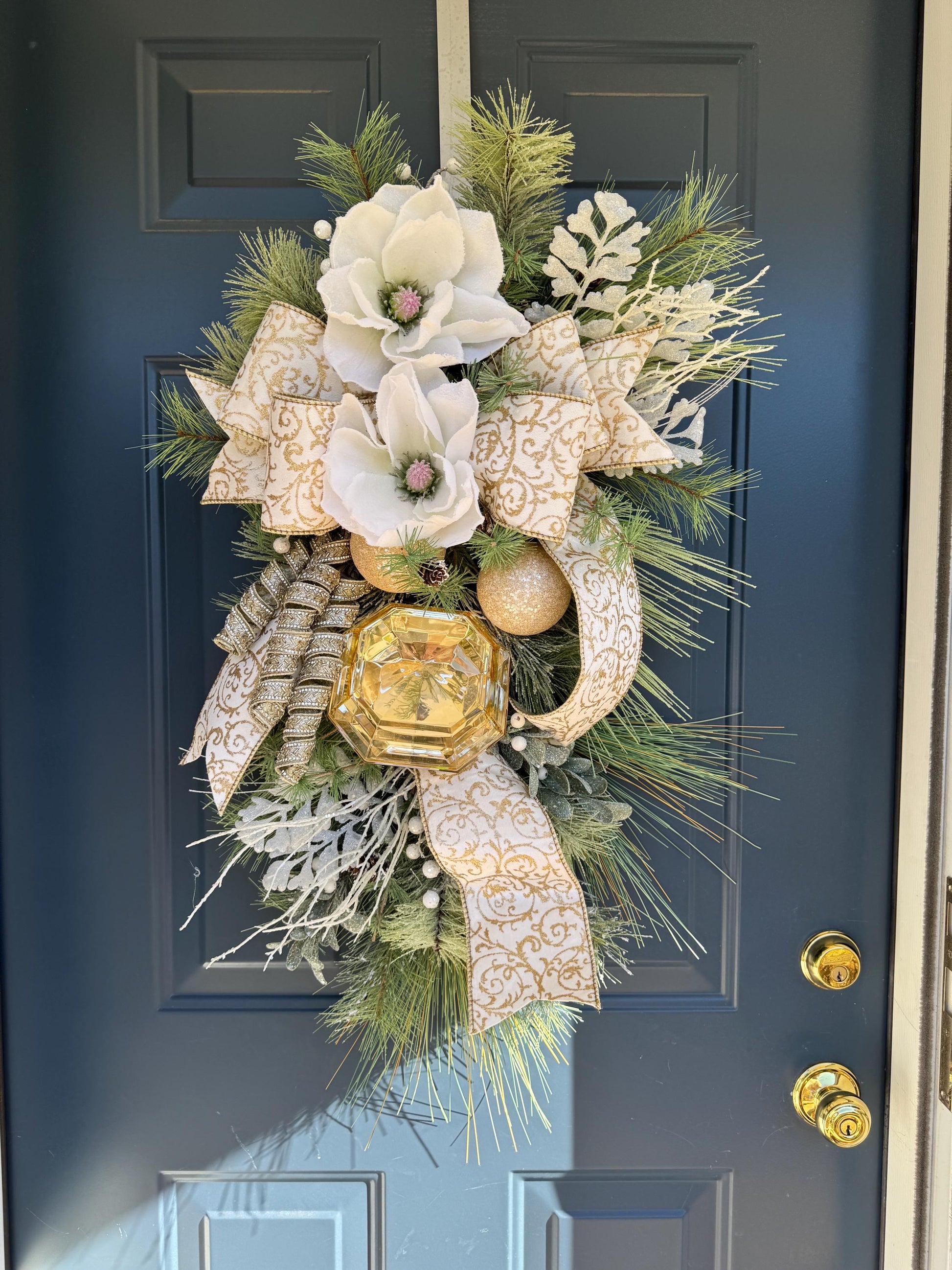 White and Gold Magnolia Christmas Luxe Swag for Front Door or Entryway