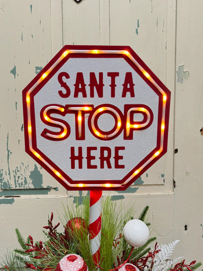 Santa Stop Here Christmas Arrangement, Light Up Pole Sign with Holiday Greenery, Santa Decor for Porch or Entryway