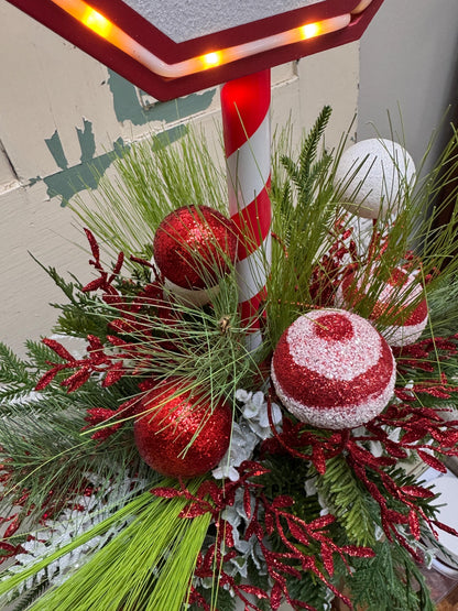 Santa Stop Here Christmas Arrangement, Light Up Pole Sign with Holiday Greenery, Santa Decor for Porch or Entryway