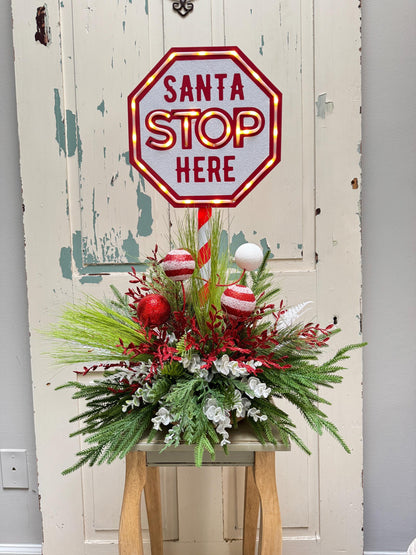 Santa Stop Here Christmas Arrangement, Light Up Pole Sign with Holiday Greenery, Santa Decor for Porch or Entryway
