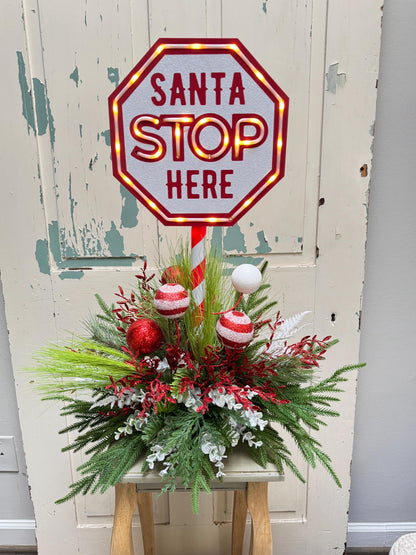 Santa Stop Here Christmas Arrangement, Light Up Pole Sign with Holiday Greenery, Santa Decor for Porch or Entryway