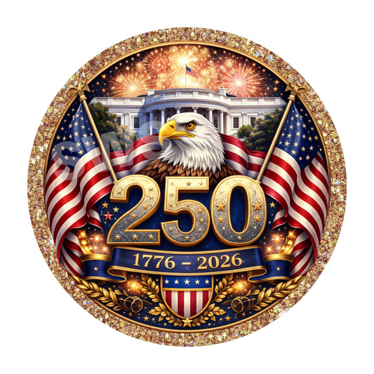 250th Anniversary USA Metal Wreath Sign, United States Patriotic 1776-2026 Eagle and Flag Decor, Fourth of July Round Door Hanger Gift