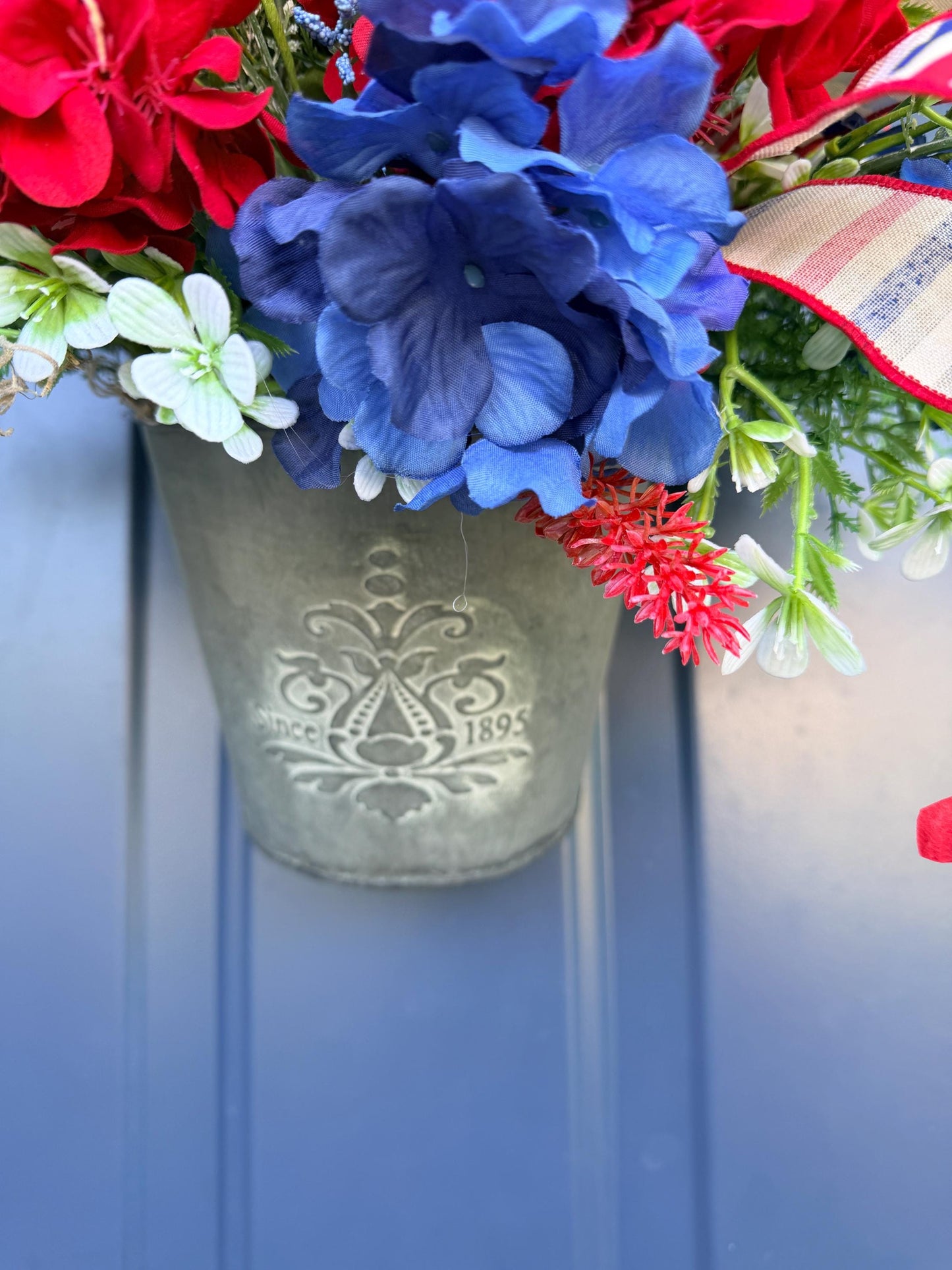 Patriotic Hanging Wall Bucket, 4th of July Arrangement, Red White Blue Porch Decor