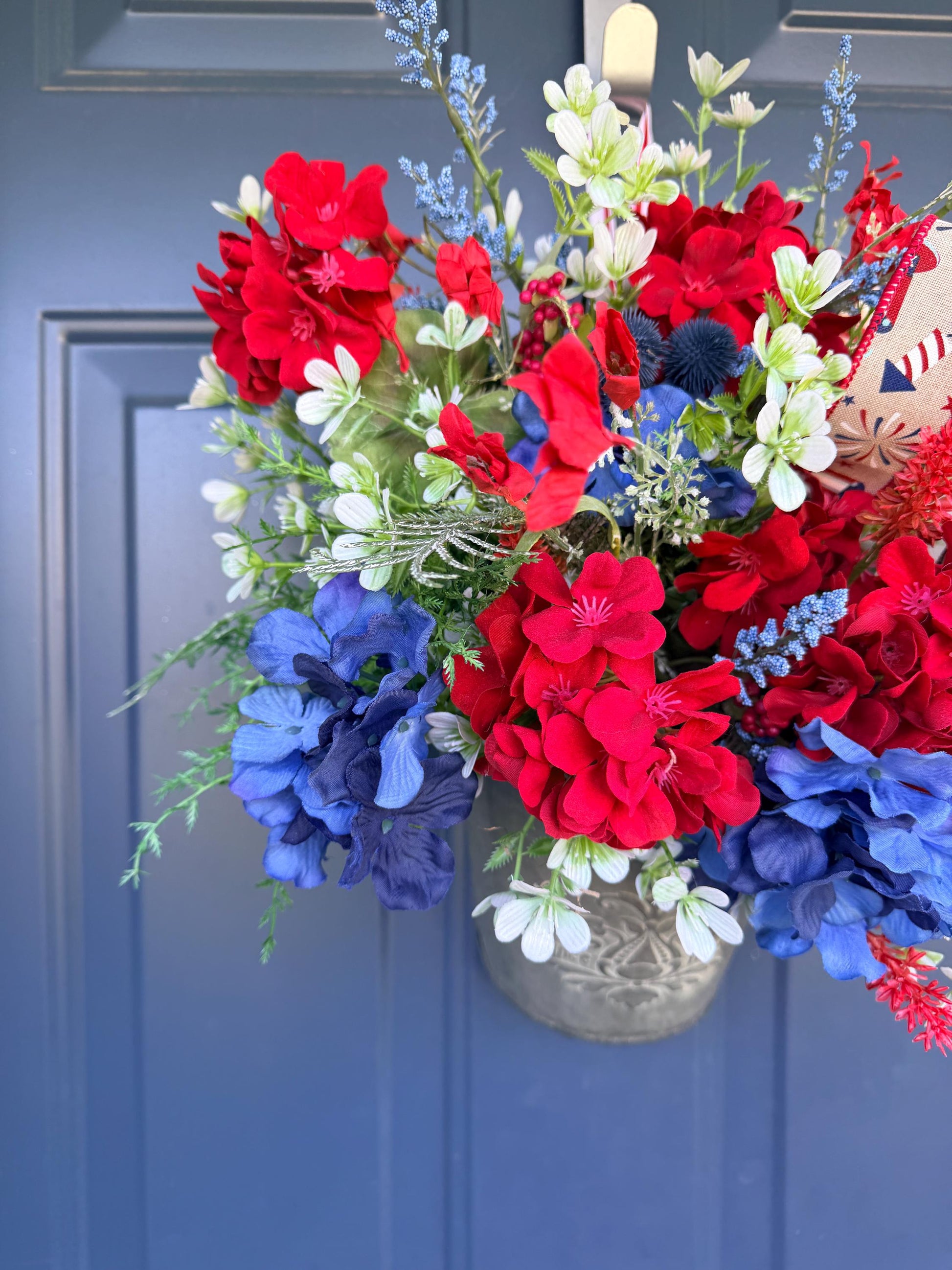 Patriotic Hanging Wall Bucket, 4th of July Arrangement, Red White Blue Porch Decor