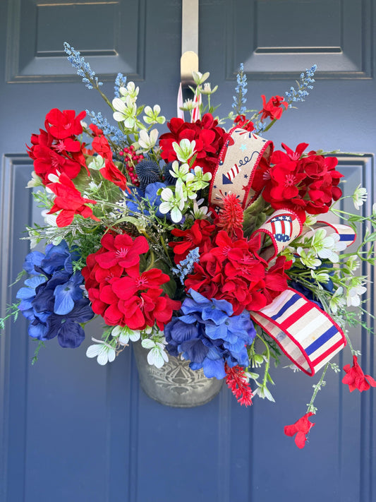 Patriotic Hanging Wall Bucket, 4th of July Arrangement, Red White Blue Porch Decor