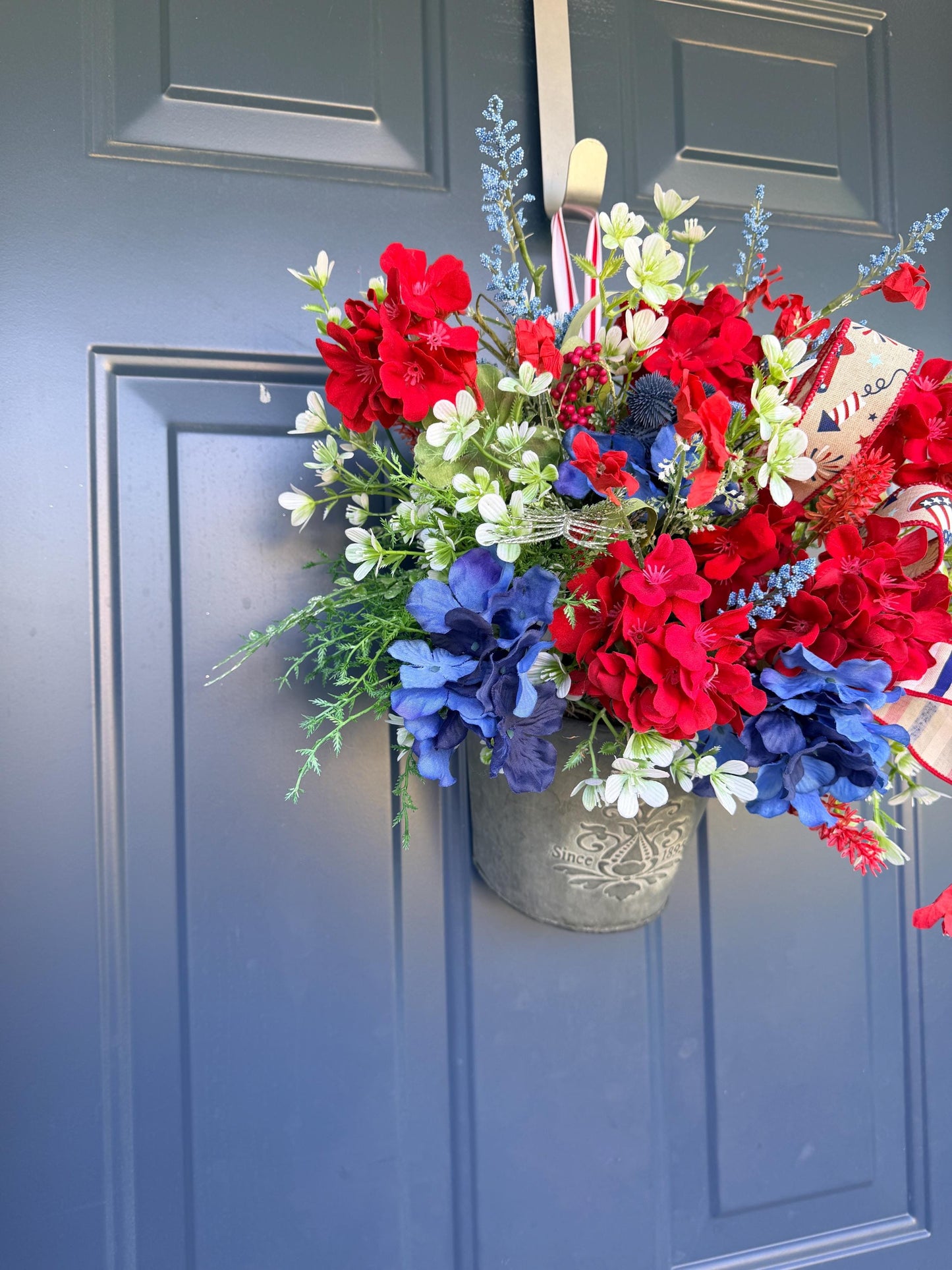 Patriotic Hanging Wall Bucket, 4th of July Arrangement, Red White Blue Porch Decor