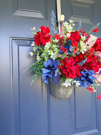 Patriotic Hanging Wall Bucket, 4th of July Arrangement, Red White Blue Porch Decor