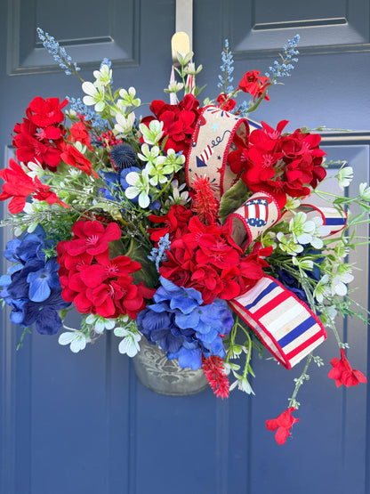 Patriotic Hanging Wall Bucket, 4th of July Arrangement, Red White Blue Porch Decor