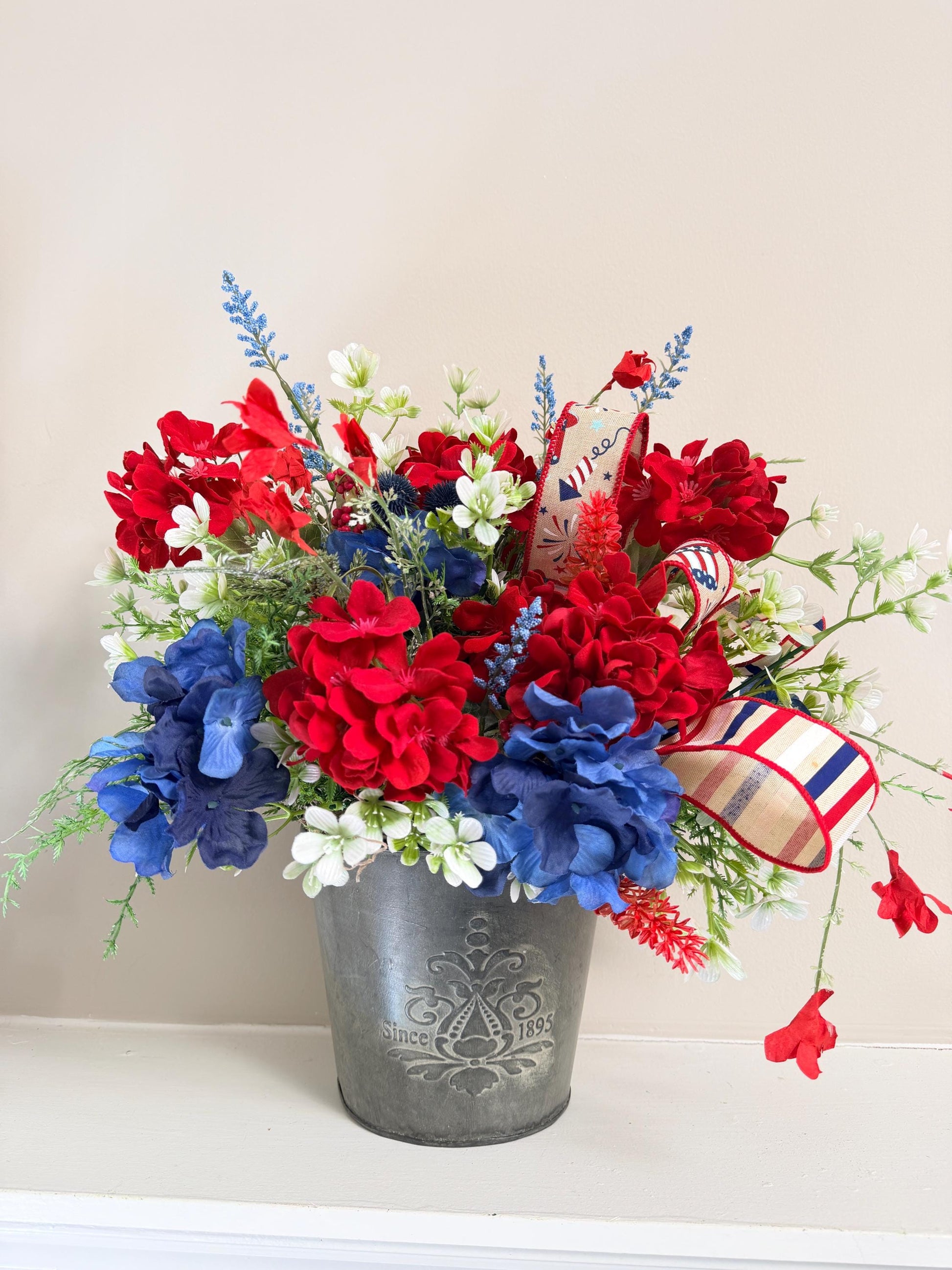 Patriotic Hanging Wall Bucket, 4th of July Arrangement, Red White Blue Porch Decor