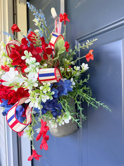 Patriotic Hanging Wall Bucket, 4th of July Arrangement, Red White Blue Porch Decor