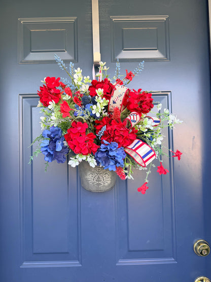 Patriotic Hanging Wall Bucket, 4th of July Arrangement, Red White Blue Porch Decor