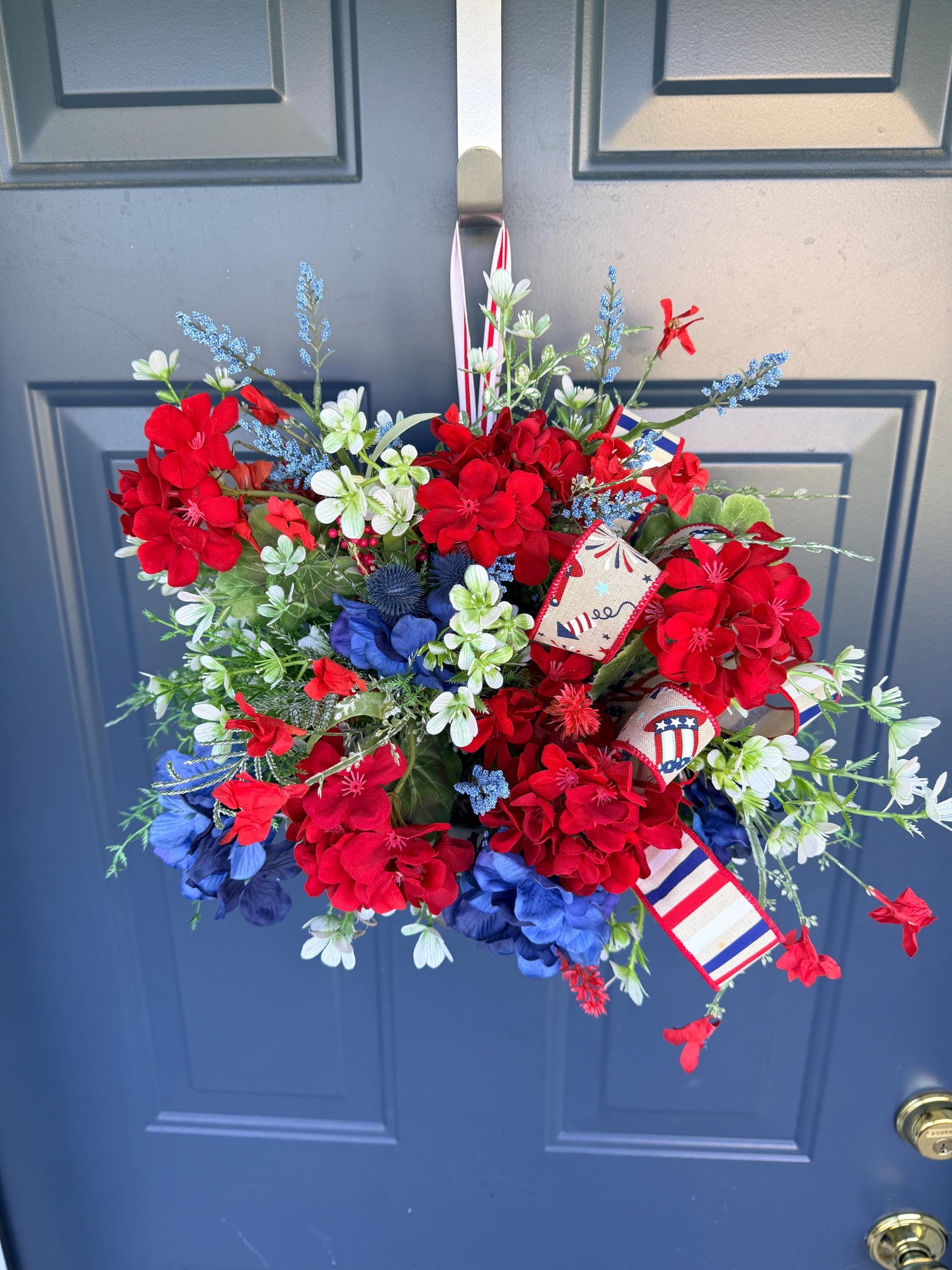 Patriotic Hanging Wall Bucket, 4th of July Arrangement, Red White Blue Porch Decor
