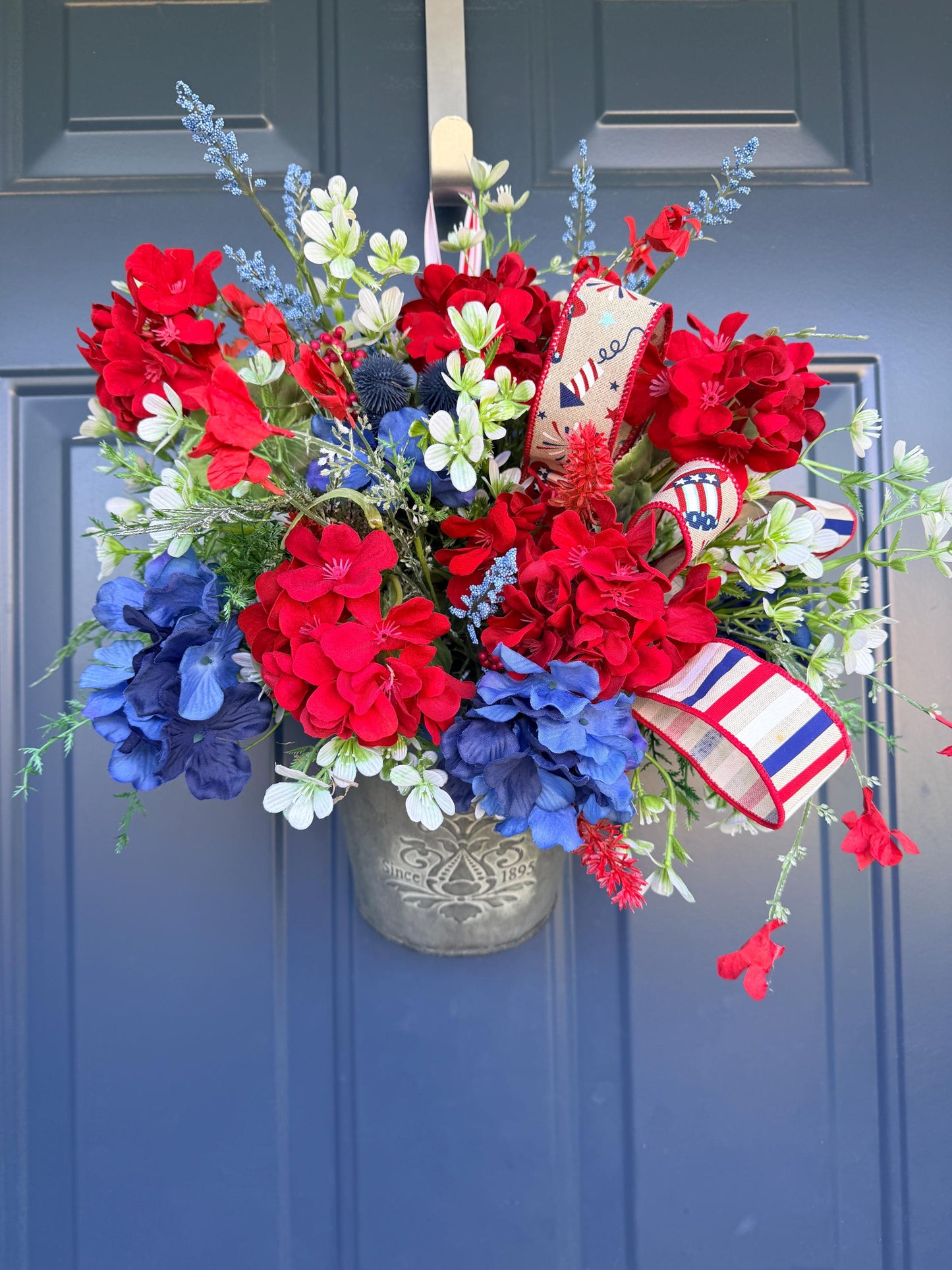 Patriotic Hanging Wall Bucket, 4th of July Arrangement, Red White Blue Porch Decor