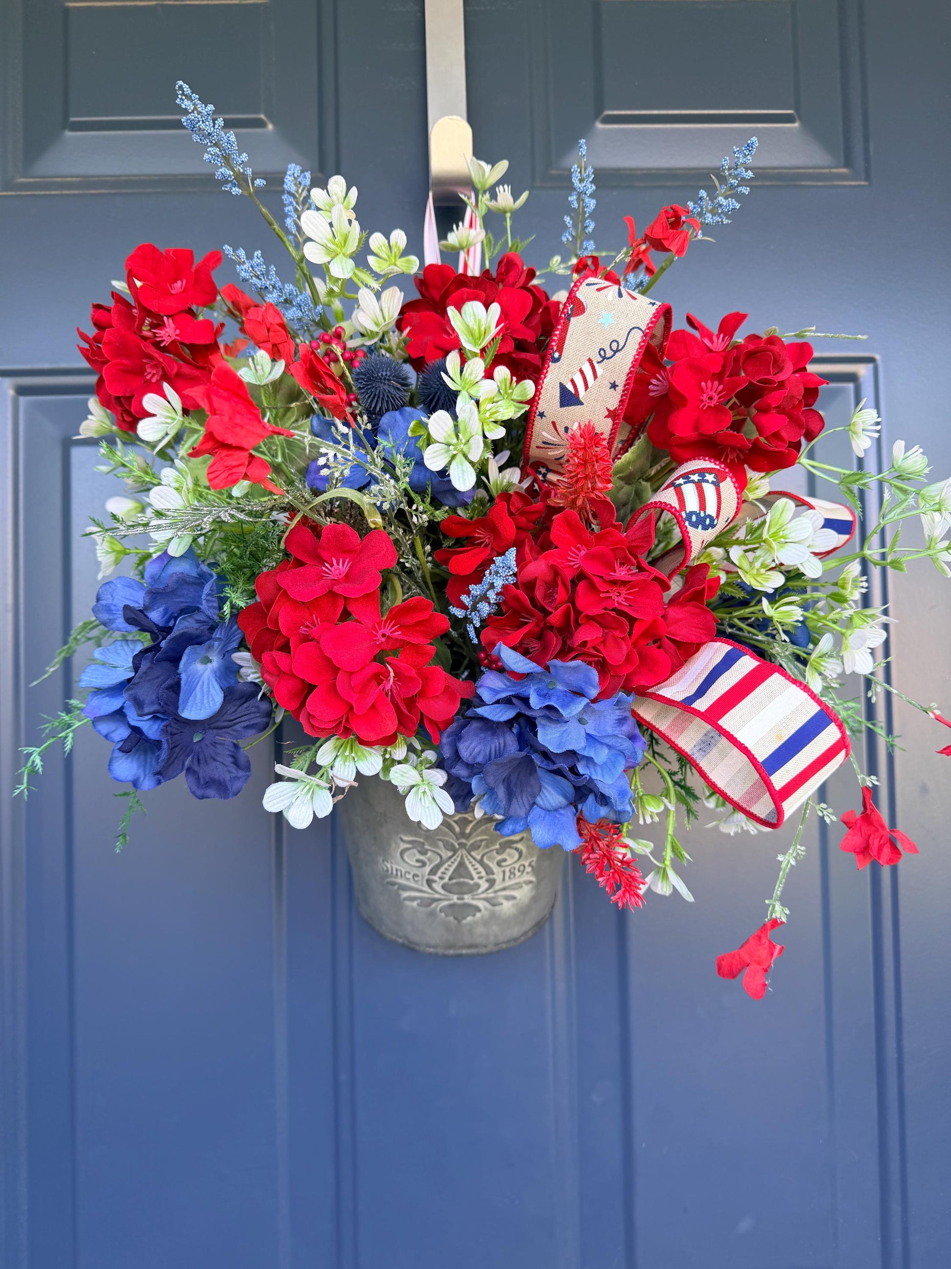 Patriotic Hanging Wall Bucket, 4th of July Arrangement, Red White Blue Porch Decor
